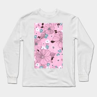 Beautiful drawing flowers leaves Purple Pink Watercolor Seamless Abstract pattern Floral Long Sleeve T-Shirt